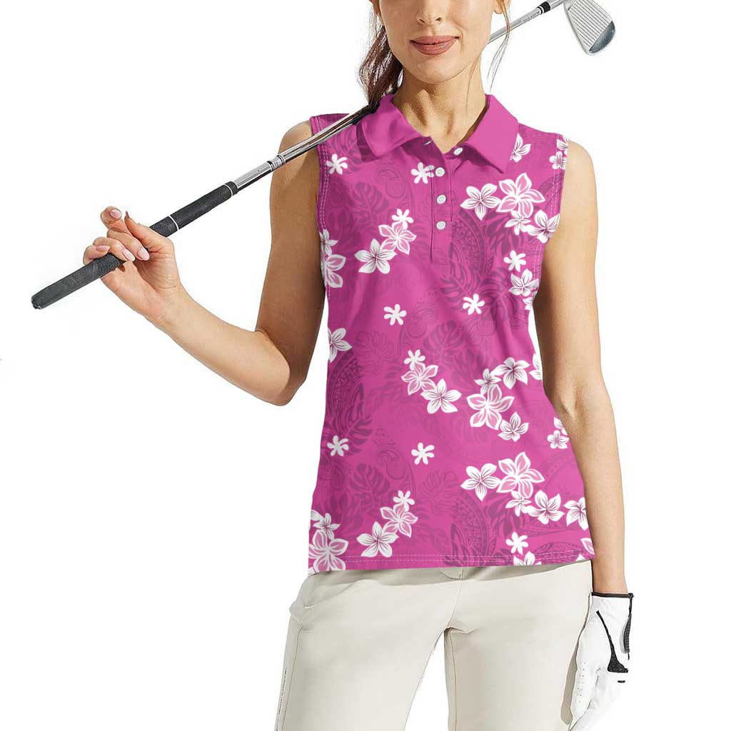 Hawaii Monstera Deliciosa Women Sleeveless Polo Shirt Pink Plumeria Polynesian Pattern LT05 - Polynesian Pride