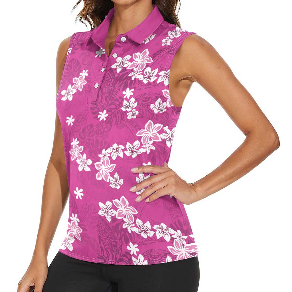 Hawaii Monstera Deliciosa Women Sleeveless Polo Shirt Pink Plumeria Polynesian Pattern LT05 - Polynesian Pride