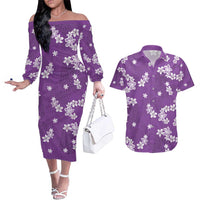 Hawaii Monstera Deliciosa Couples Matching Off The Shoulder Long Sleeve Dress and Hawaiian Shirt Purple Plumeria Polynesian Pattern LT05 Purple - Polynesian Pride