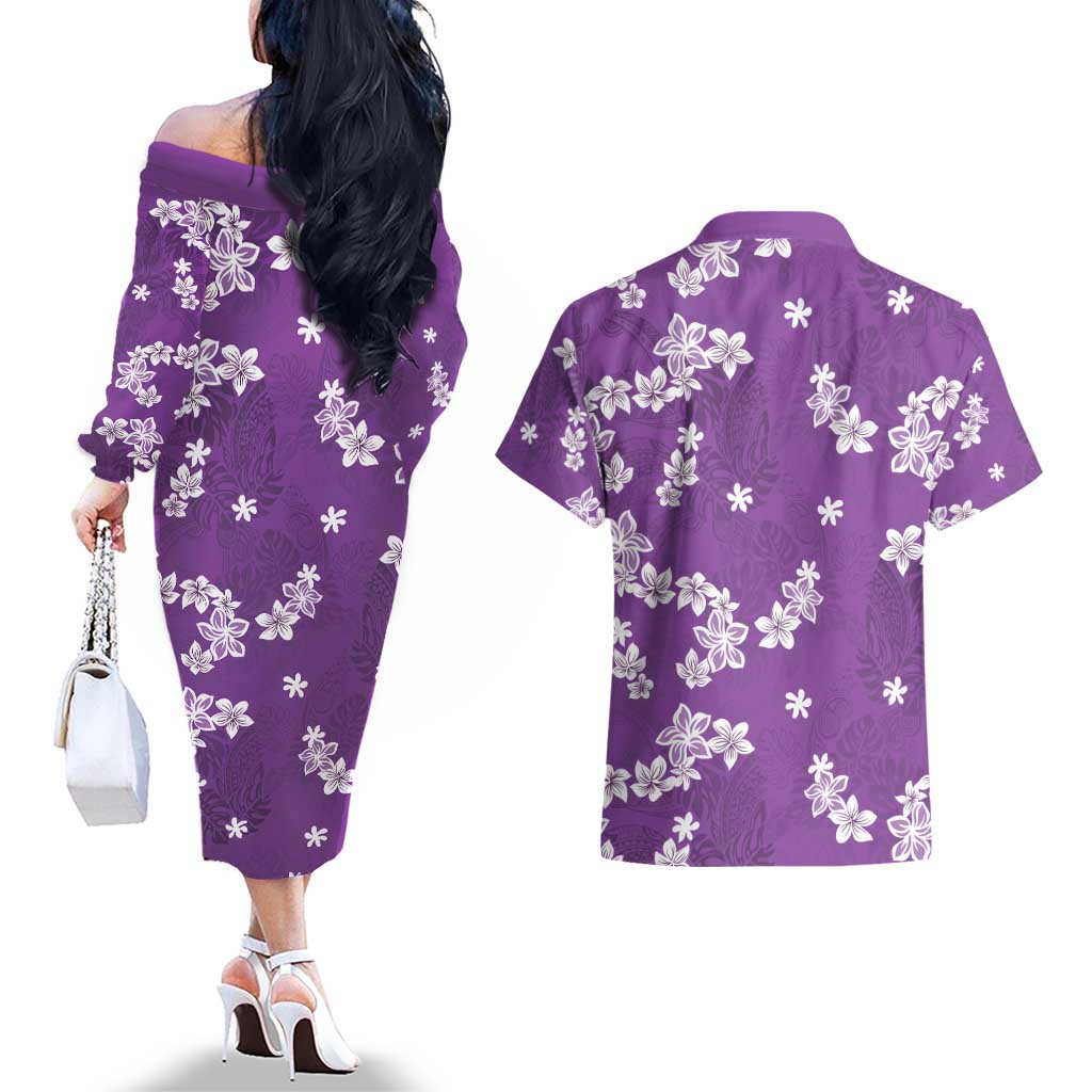 Hawaii Monstera Deliciosa Couples Matching Off The Shoulder Long Sleeve Dress and Hawaiian Shirt Purple Plumeria Polynesian Pattern LT05 - Polynesian Pride