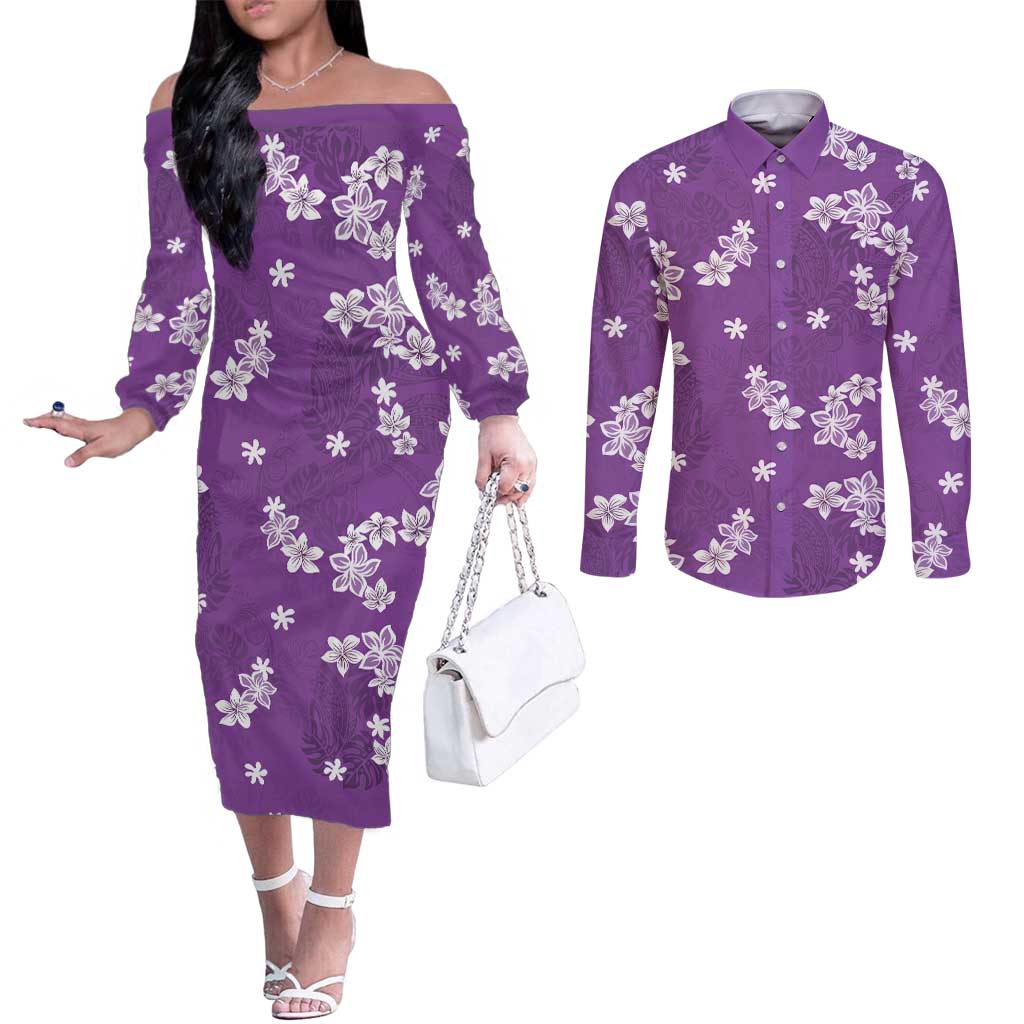 Hawaii Monstera Deliciosa Couples Matching Off The Shoulder Long Sleeve Dress and Long Sleeve Button Shirt Purple Plumeria Polynesian Pattern - Polynesian Pride