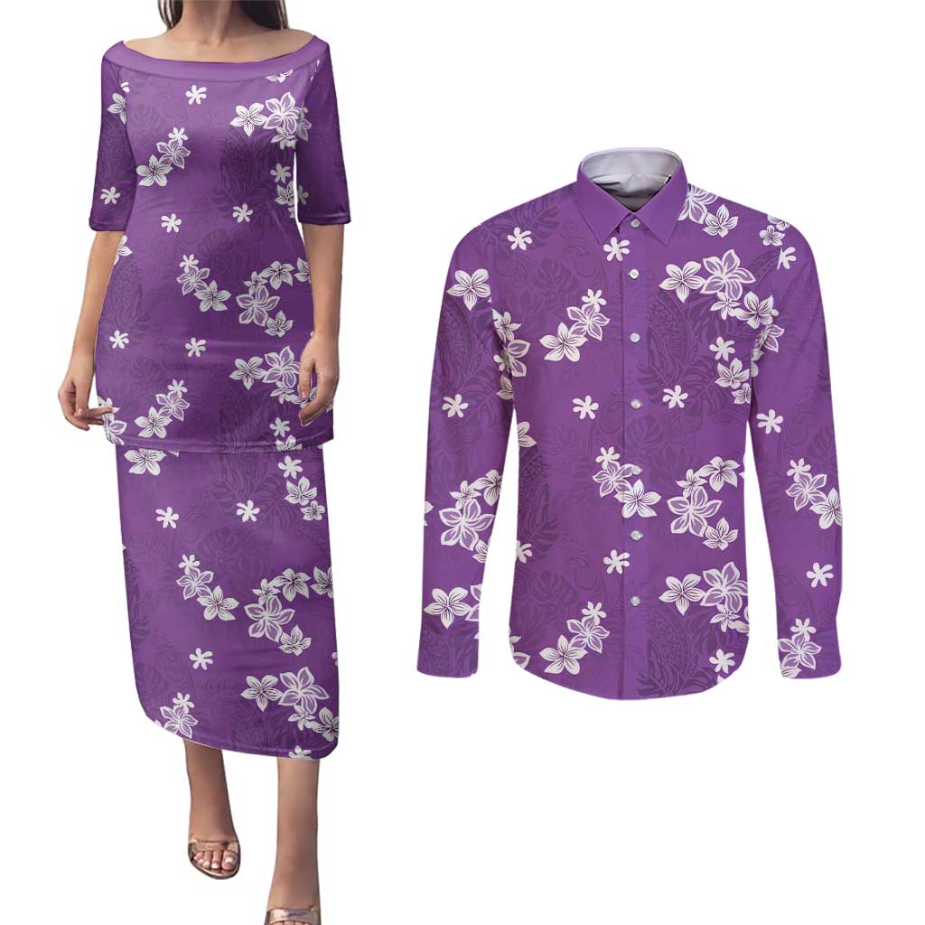 Hawaii Monstera Deliciosa Couples Matching Puletasi and Long Sleeve Button Shirt Purple Plumeria Polynesian Pattern - Polynesian Pride