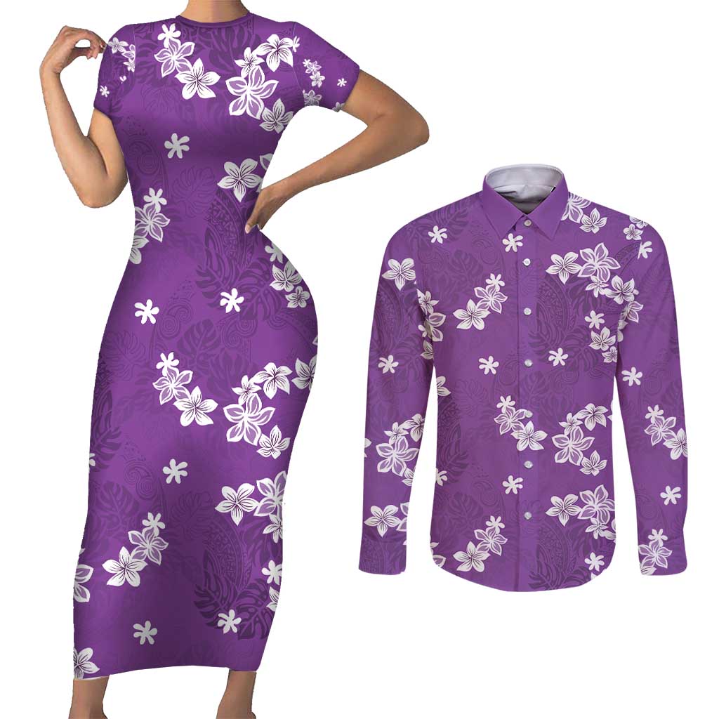 Hawaii Monstera Deliciosa Couples Matching Short Sleeve Bodycon Dress and Long Sleeve Button Shirt Purple Plumeria Polynesian Pattern - Polynesian Pride