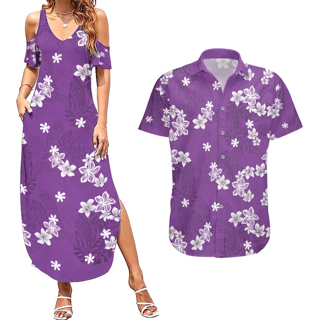 Hawaii Monstera Deliciosa Couples Matching Summer Maxi Dress and Hawaiian Shirt Purple Plumeria Polynesian Pattern - Polynesian Pride