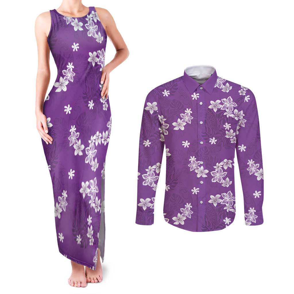 Hawaii Monstera Deliciosa Couples Matching Tank Maxi Dress and Long Sleeve Button Shirt Purple Plumeria Polynesian Pattern - Polynesian Pride