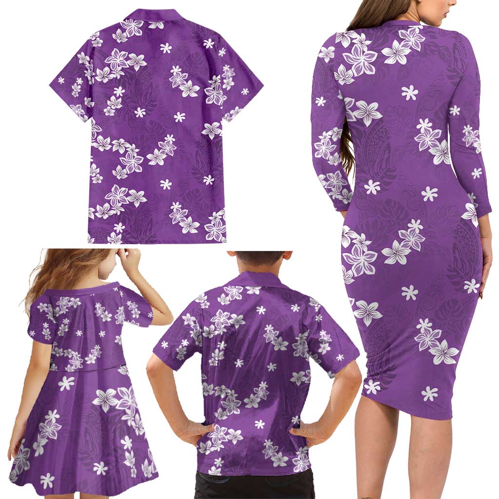 Hawaii Monstera Deliciosa Family Matching Long Sleeve Bodycon Dress and Hawaiian Shirt Purple Plumeria Polynesian Pattern LT05 - Polynesian Pride