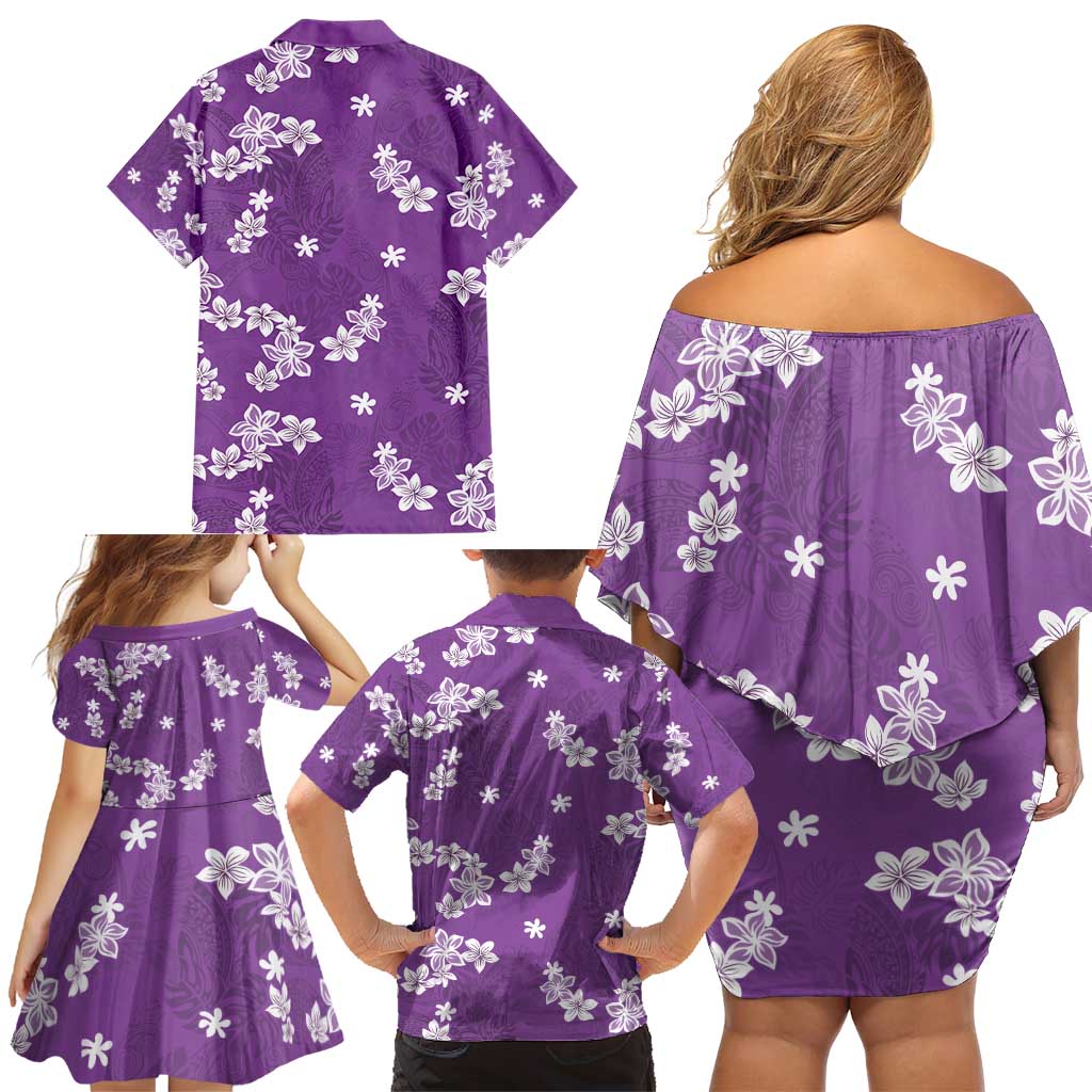 Hawaii Monstera Deliciosa Family Matching Off Shoulder Short Dress and Hawaiian Shirt Purple Plumeria Polynesian Pattern LT05 - Polynesian Pride