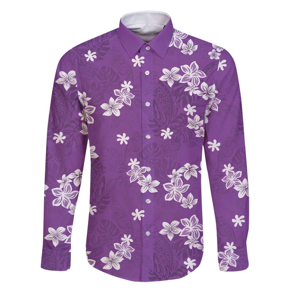 Hawaii Monstera Deliciosa Family Matching Puletasi and Hawaiian Shirt Purple Plumeria Polynesian Pattern LT05 Dad's Shirt - Long Sleeve Purple - Polynesian Pride