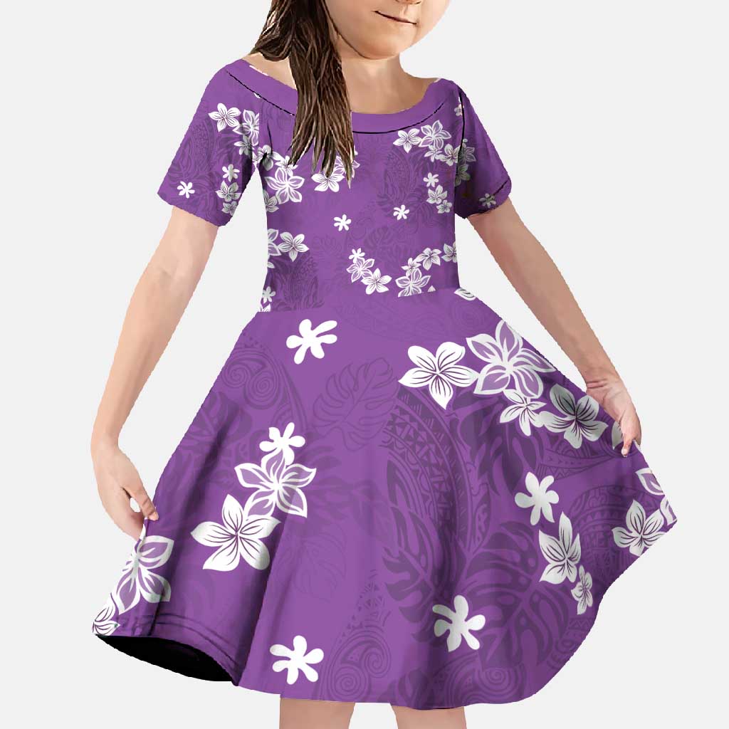 Hawaii Monstera Deliciosa Family Matching Short Sleeve Bodycon Dress and Hawaiian Shirt Purple Plumeria Polynesian Pattern LT05 Daughter's Dress Purple - Polynesian Pride