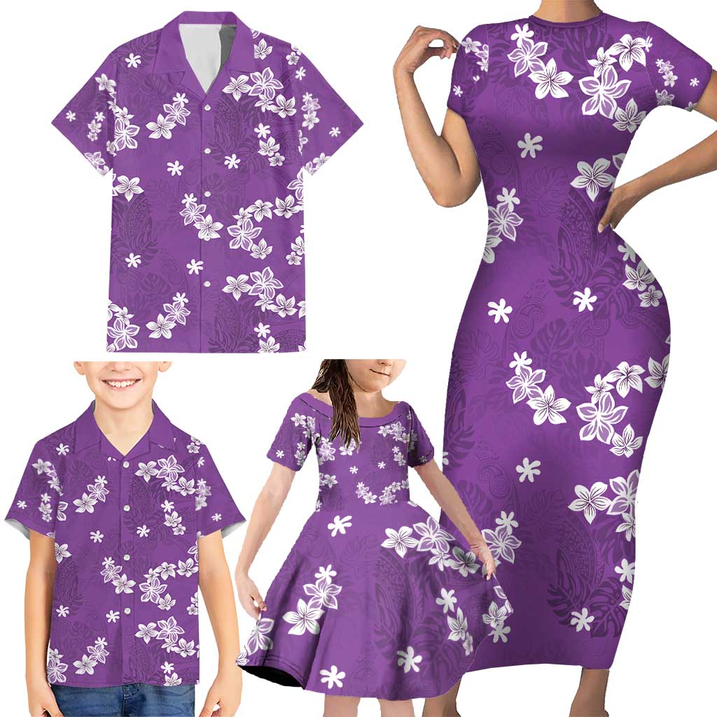 Hawaii Monstera Deliciosa Family Matching Short Sleeve Bodycon Dress and Hawaiian Shirt Purple Plumeria Polynesian Pattern LT05 - Polynesian Pride