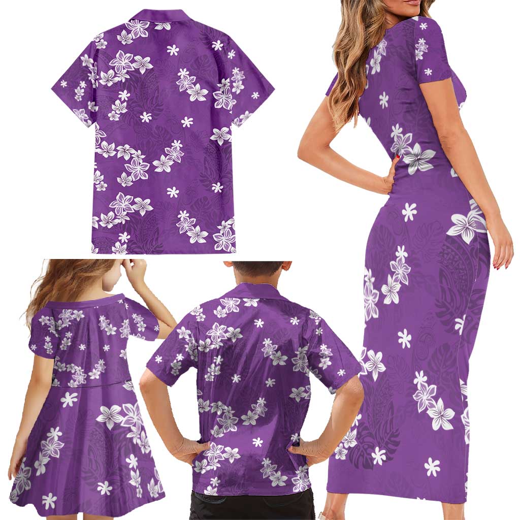 Hawaii Monstera Deliciosa Family Matching Short Sleeve Bodycon Dress and Hawaiian Shirt Purple Plumeria Polynesian Pattern LT05 - Polynesian Pride