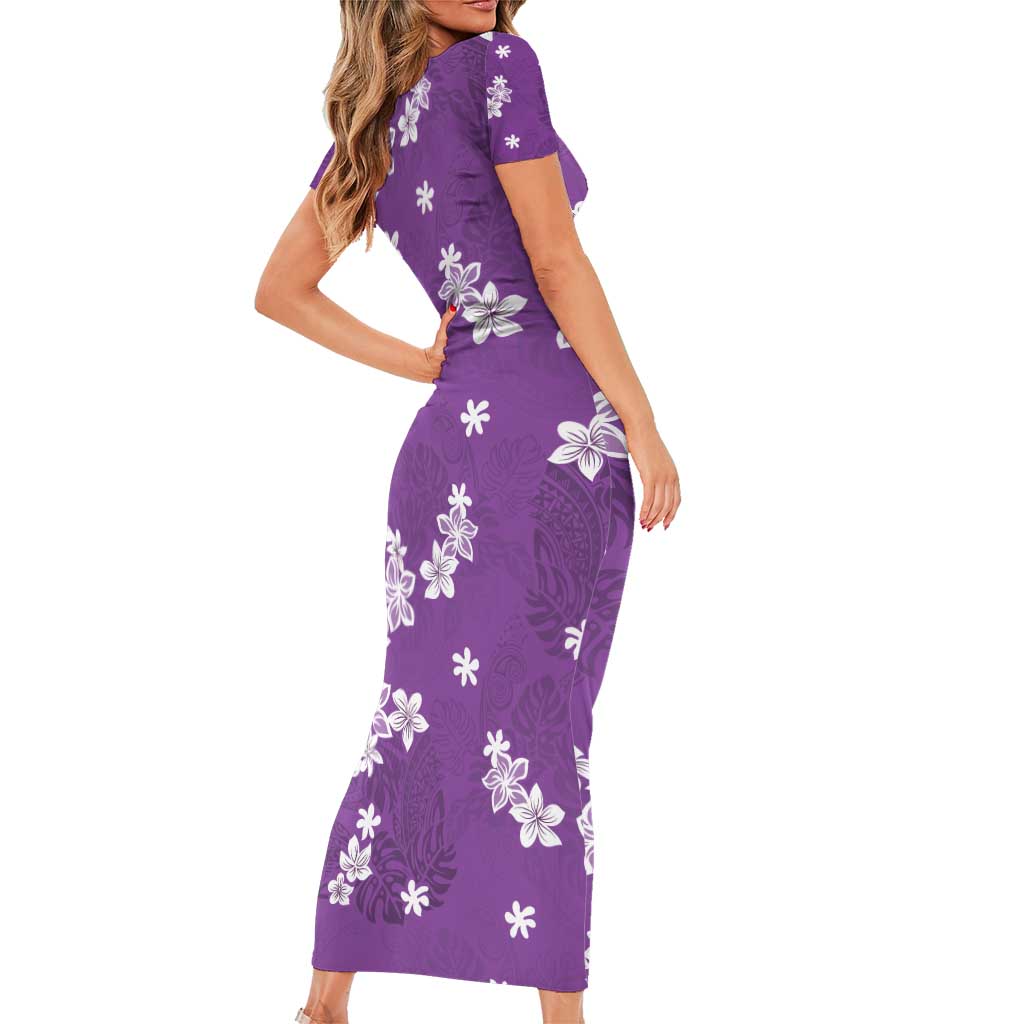 Hawaii Monstera Deliciosa Family Matching Short Sleeve Bodycon Dress and Hawaiian Shirt Purple Plumeria Polynesian Pattern LT05 - Polynesian Pride