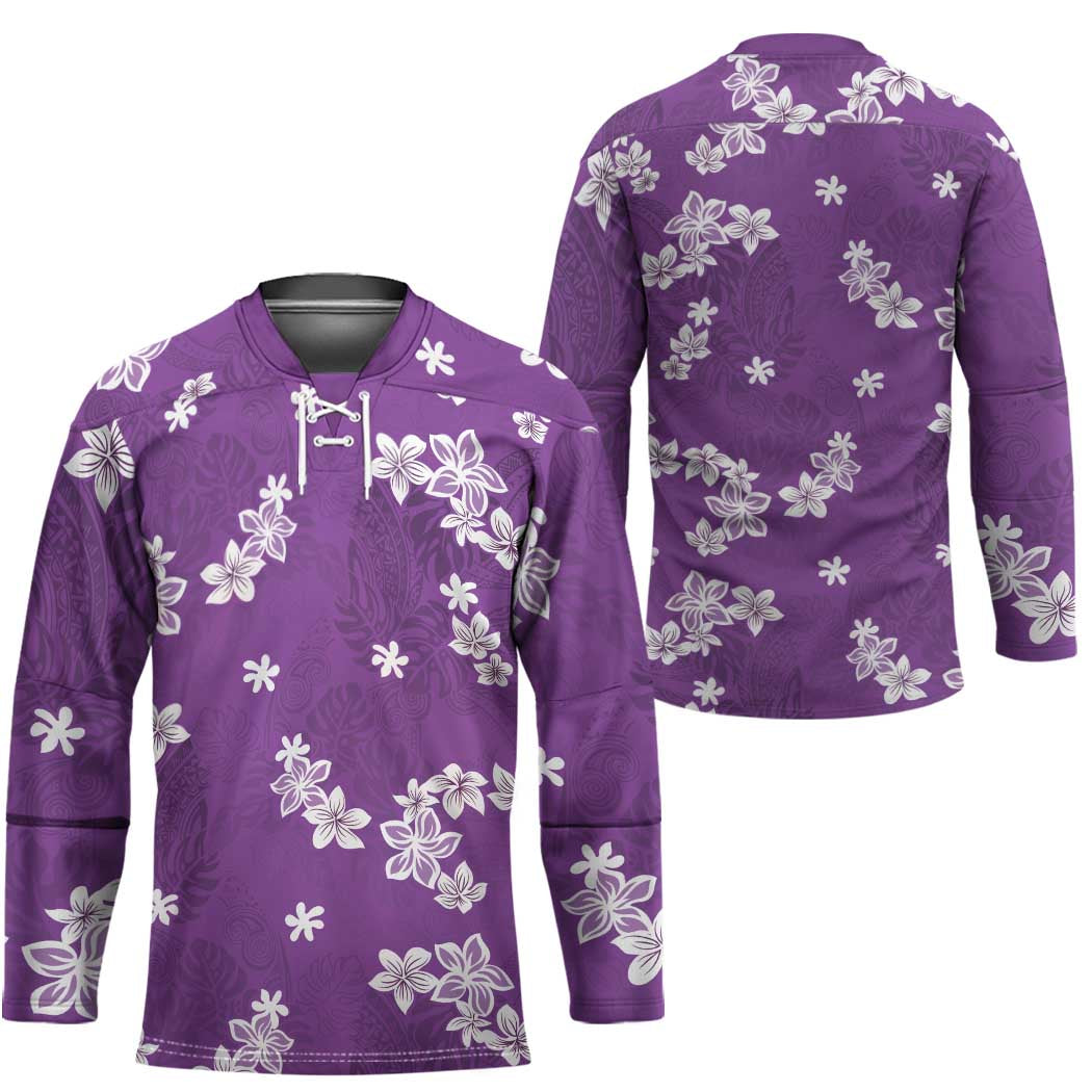 Hawaii Monstera Deliciosa Hockey Jersey Purple Plumeria Polynesian Pattern - Polynesian Pride