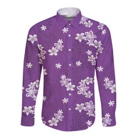 Hawaii Monstera Deliciosa Long Sleeve Button Shirt Purple Plumeria Polynesian Pattern - Polynesian Pride