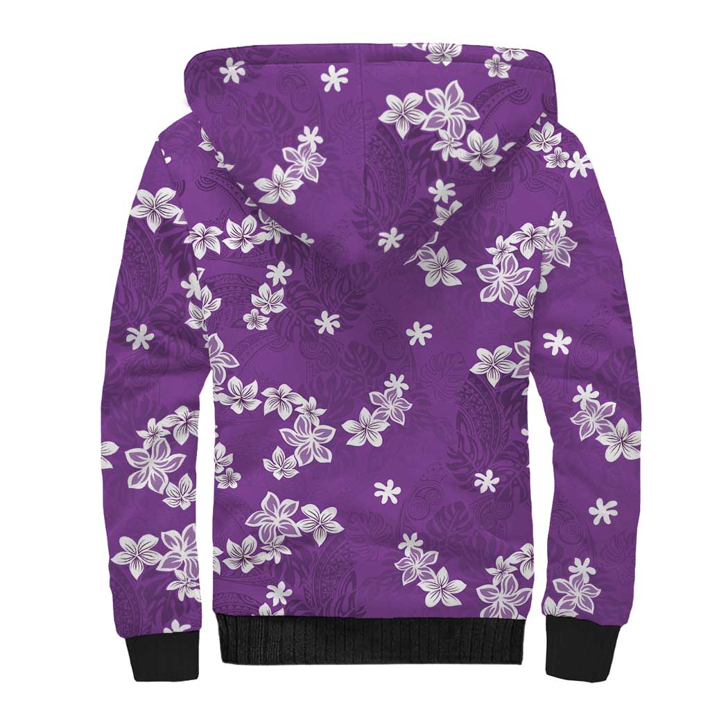 Hawaii Monstera Deliciosa Sherpa Hoodie Purple Plumeria Polynesian Pattern - Polynesian Pride