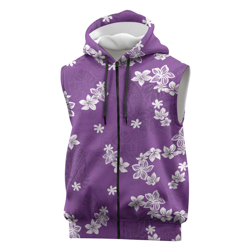 Hawaii Monstera Deliciosa Sleeveless Zip Hoodie Purple Plumeria Polynesian Pattern - Polynesian Pride