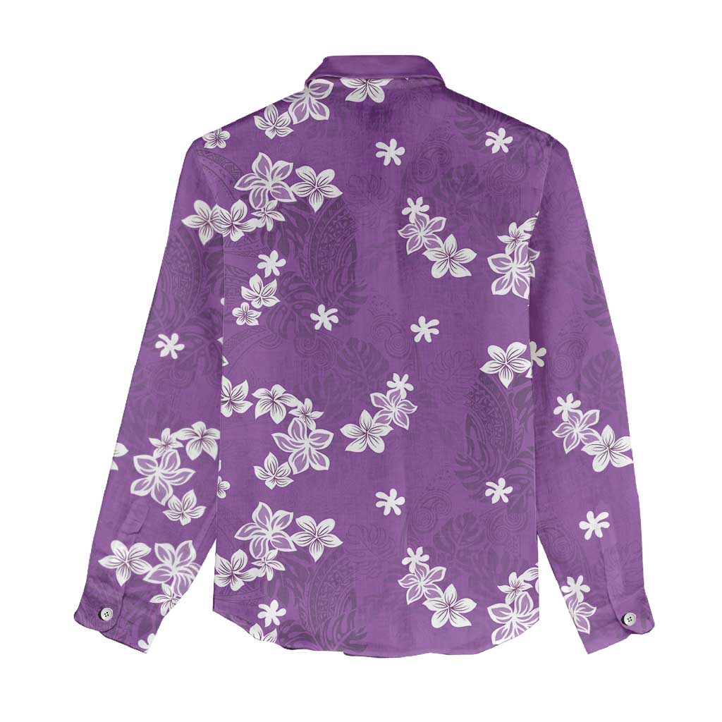 Hawaii Monstera Deliciosa Women Casual Shirt Purple Plumeria Polynesian Pattern - Polynesian Pride