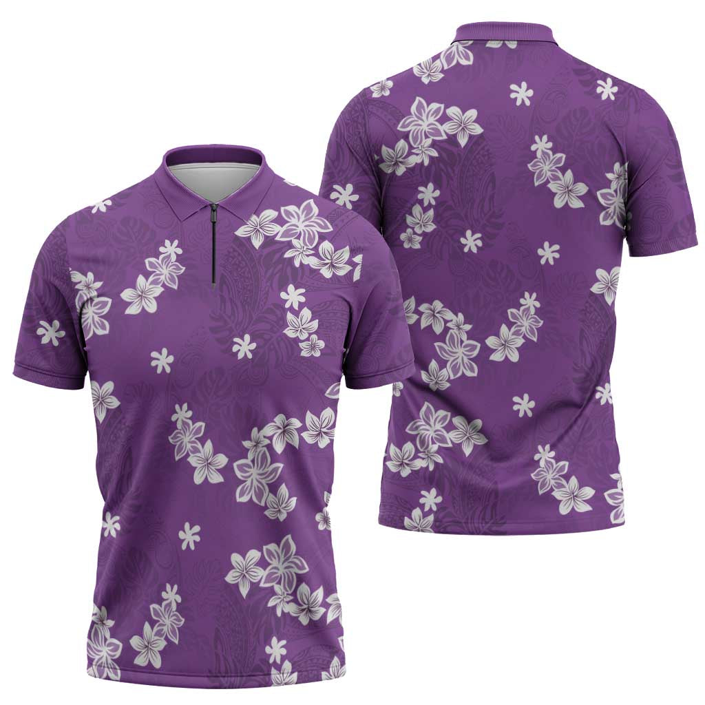 Hawaii Monstera Deliciosa Zipper Polo Shirt Purple Plumeria Polynesian Pattern - Polynesian Pride