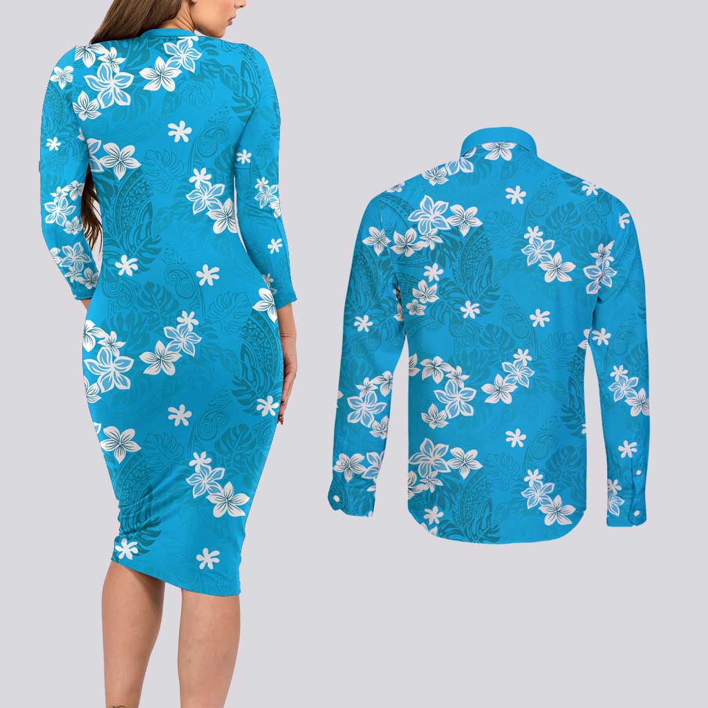 Hawaii Monstera Deliciosa Couples Matching Long Sleeve Bodycon Dress and Long Sleeve Button Shirt Blue Plumeria Polynesian Pattern - Polynesian Pride