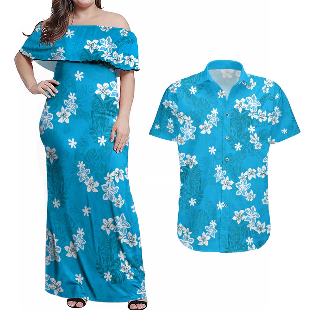 Hawaii Monstera Deliciosa Couples Matching Off Shoulder Maxi Dress and Hawaiian Shirt Blue Plumeria Polynesian Pattern - Polynesian Pride