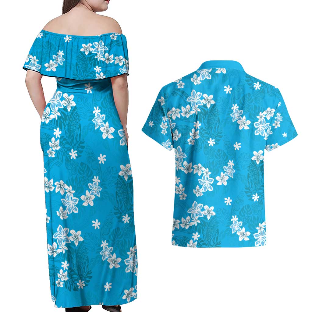 Hawaii Monstera Deliciosa Couples Matching Off Shoulder Maxi Dress and Hawaiian Shirt Blue Plumeria Polynesian Pattern - Polynesian Pride