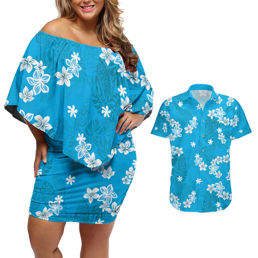Hawaii Monstera Deliciosa Couples Matching Off Shoulder Short Dress and Hawaiian Shirt Blue Plumeria Polynesian Pattern - Polynesian Pride