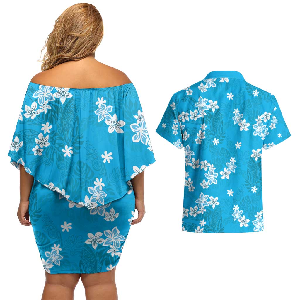 Hawaii Monstera Deliciosa Couples Matching Off Shoulder Short Dress and Hawaiian Shirt Blue Plumeria Polynesian Pattern - Polynesian Pride