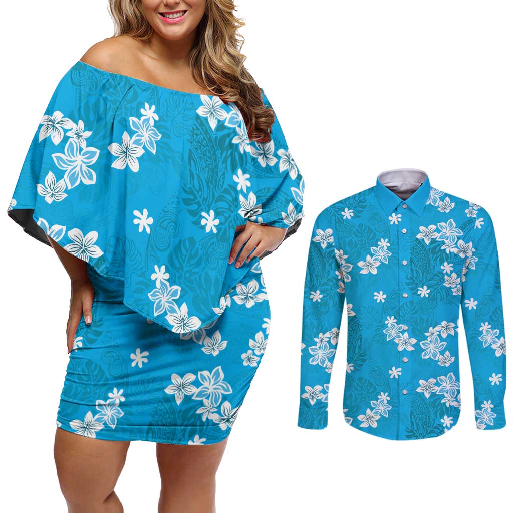 Hawaii Monstera Deliciosa Couples Matching Off Shoulder Short Dress and Long Sleeve Button Shirt Blue Plumeria Polynesian Pattern - Polynesian Pride