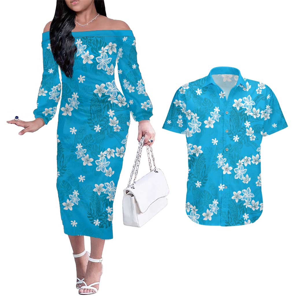 Hawaii Monstera Deliciosa Couples Matching Off The Shoulder Long Sleeve Dress and Hawaiian Shirt Blue Plumeria Polynesian Pattern - Polynesian Pride