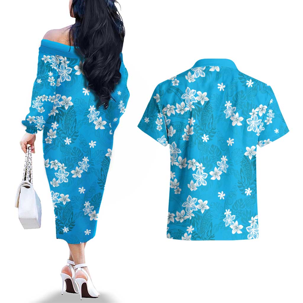 Hawaii Monstera Deliciosa Couples Matching Off The Shoulder Long Sleeve Dress and Hawaiian Shirt Blue Plumeria Polynesian Pattern LT05 - Polynesian Pride