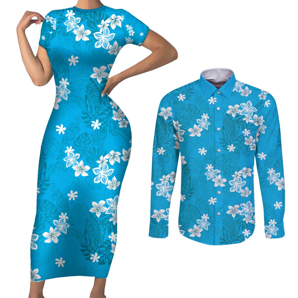 Hawaii Monstera Deliciosa Couples Matching Short Sleeve Bodycon Dress and Long Sleeve Button Shirt Blue Plumeria Polynesian Pattern - Polynesian Pride