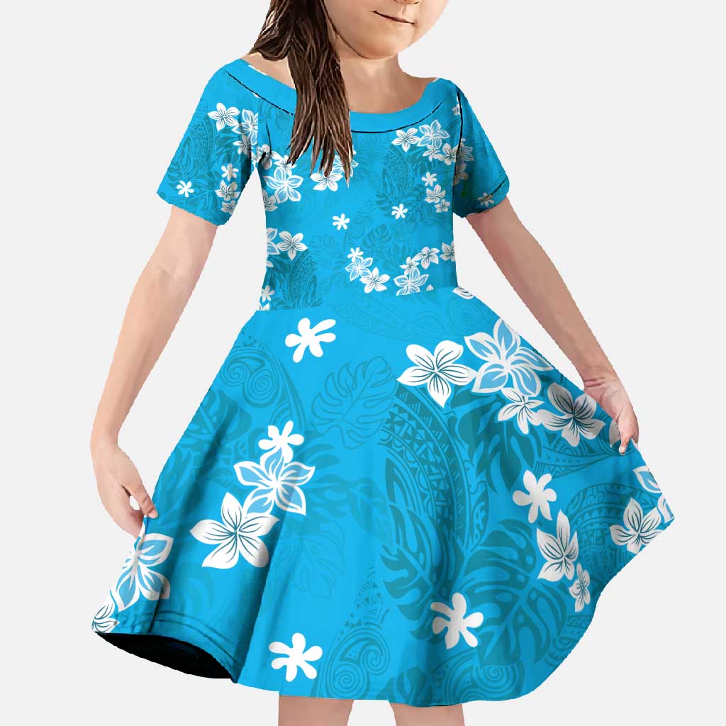 Hawaii Monstera Deliciosa Family Matching Long Sleeve Bodycon Dress and Hawaiian Shirt Blue Plumeria Polynesian Pattern LT05 Daughter's Dress Blue - Polynesian Pride