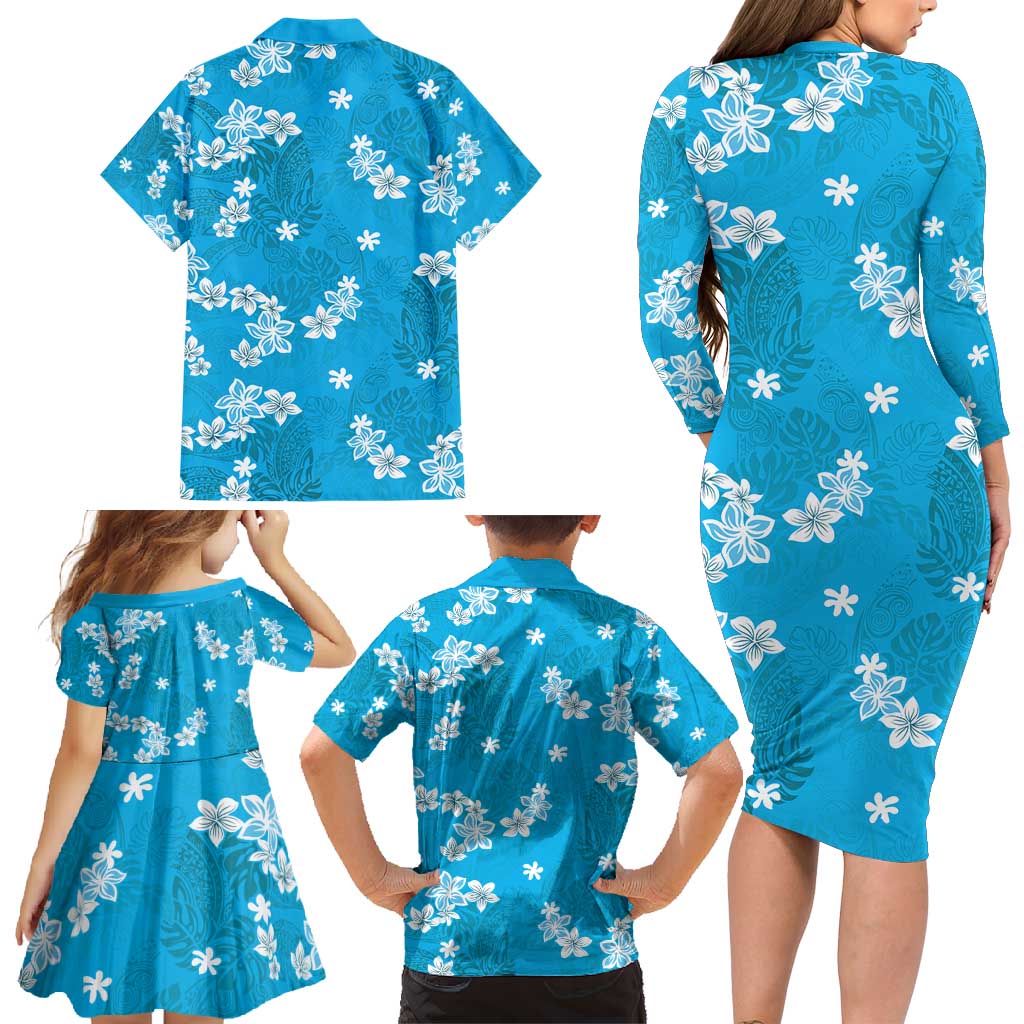 Hawaii Monstera Deliciosa Family Matching Long Sleeve Bodycon Dress and Hawaiian Shirt Blue Plumeria Polynesian Pattern LT05 - Polynesian Pride