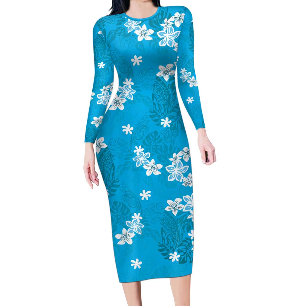 Hawaii Monstera Deliciosa Family Matching Long Sleeve Bodycon Dress and Hawaiian Shirt Blue Plumeria Polynesian Pattern LT05 Mom's Dress Blue - Polynesian Pride
