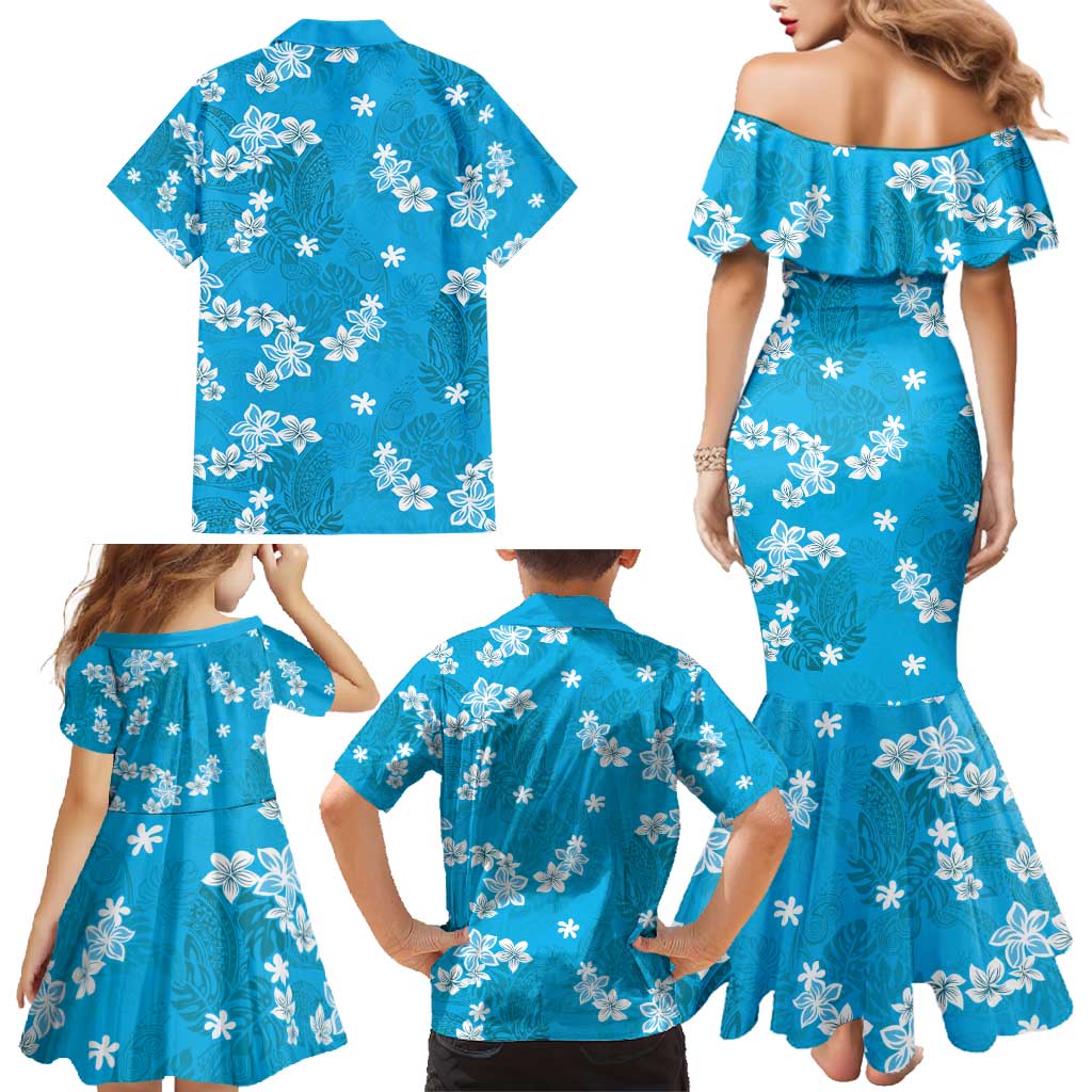 Hawaii Monstera Deliciosa Family Matching Mermaid Dress and Hawaiian Shirt Blue Plumeria Polynesian Pattern LT05 - Polynesian Pride
