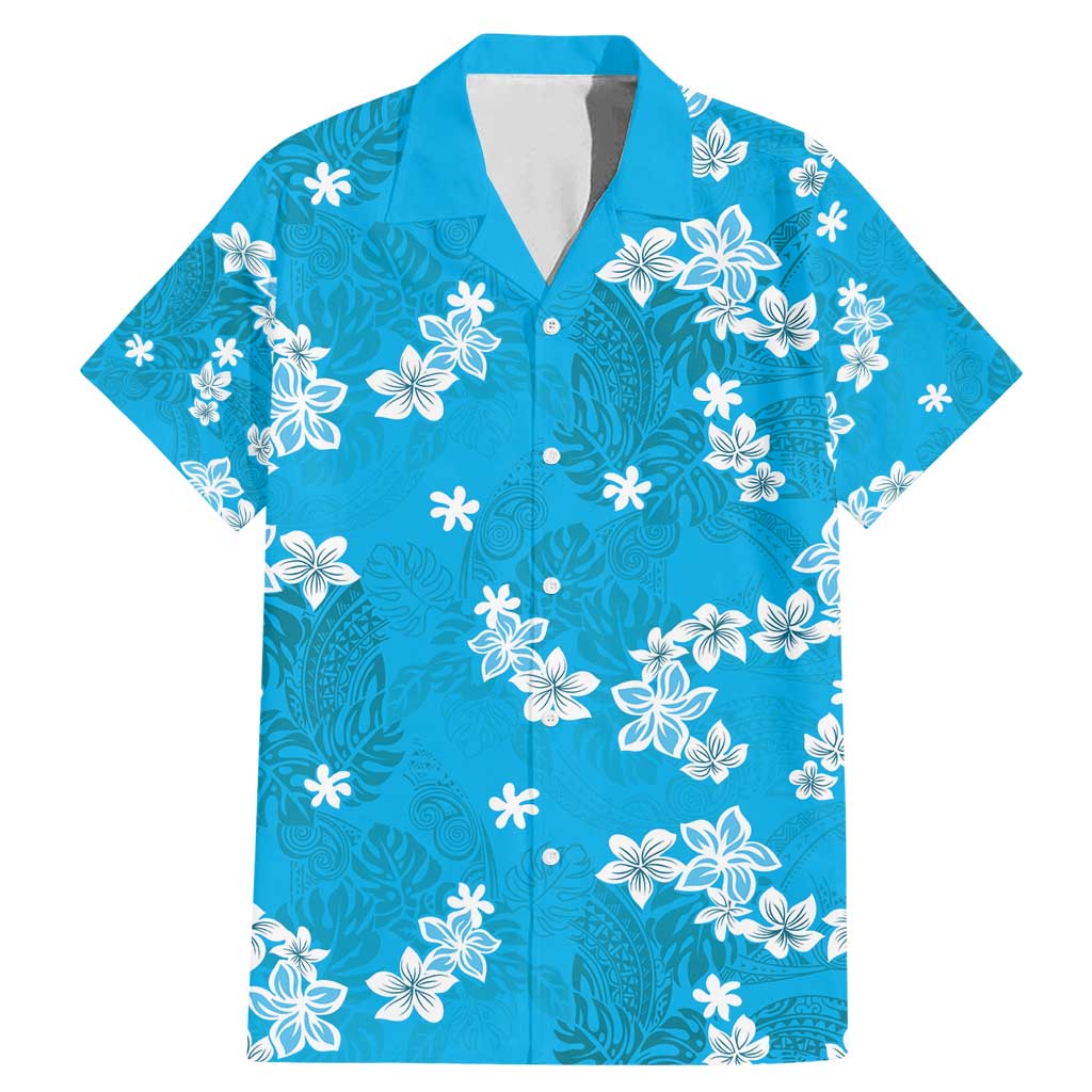 Hawaii Monstera Deliciosa Family Matching Mermaid Dress and Hawaiian Shirt Blue Plumeria Polynesian Pattern LT05 Dad's Shirt - Short Sleeve Blue - Polynesian Pride