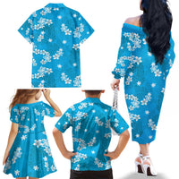 Hawaii Monstera Deliciosa Family Matching Off The Shoulder Long Sleeve Dress and Hawaiian Shirt Blue Plumeria Polynesian Pattern LT05 - Polynesian Pride