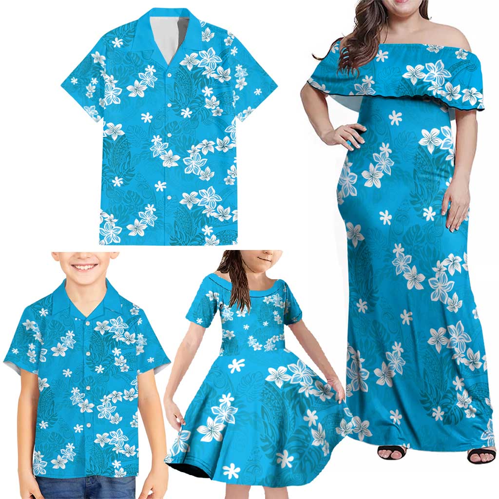 Hawaii Monstera Deliciosa Family Matching Off Shoulder Maxi Dress and Hawaiian Shirt Blue Plumeria Polynesian Pattern - Polynesian Pride