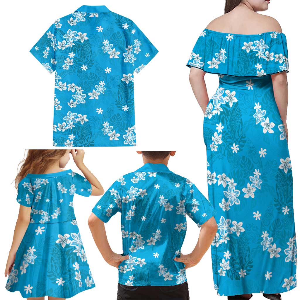 Hawaii Monstera Deliciosa Family Matching Off Shoulder Maxi Dress and Hawaiian Shirt Blue Plumeria Polynesian Pattern LT05 - Polynesian Pride