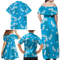 Hawaii Monstera Deliciosa Family Matching Off Shoulder Maxi Dress and Hawaiian Shirt Blue Plumeria Polynesian Pattern LT05 - Polynesian Pride