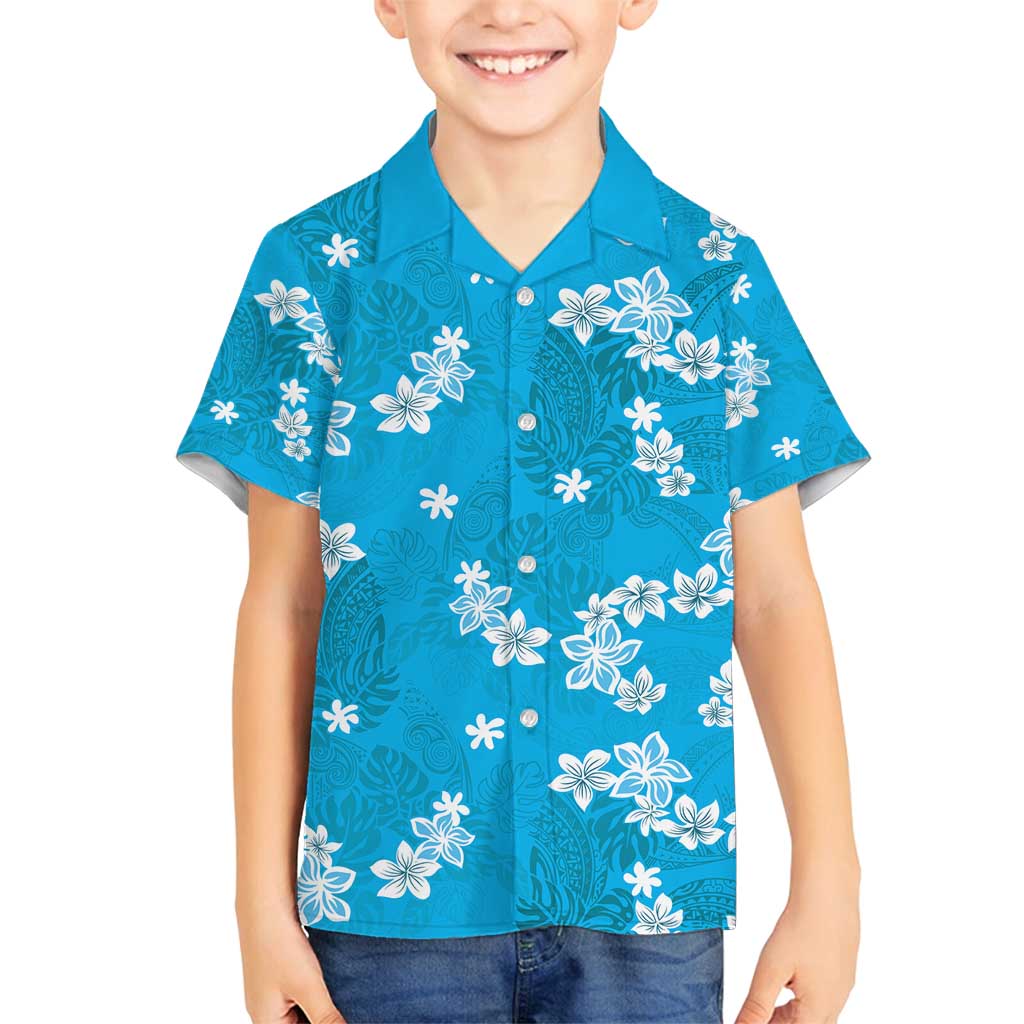 Hawaii Monstera Deliciosa Family Matching Off Shoulder Maxi Dress and Hawaiian Shirt Blue Plumeria Polynesian Pattern LT05 Son's Shirt Blue - Polynesian Pride