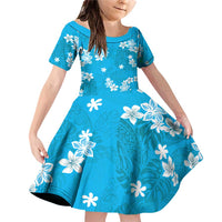 Hawaii Monstera Deliciosa Family Matching Off Shoulder Short Dress and Hawaiian Shirt Blue Plumeria Polynesian Pattern LT05 Daughter's Dress Blue - Polynesian Pride