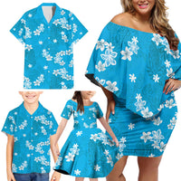Hawaii Monstera Deliciosa Family Matching Off Shoulder Short Dress and Hawaiian Shirt Blue Plumeria Polynesian Pattern LT05 - Polynesian Pride