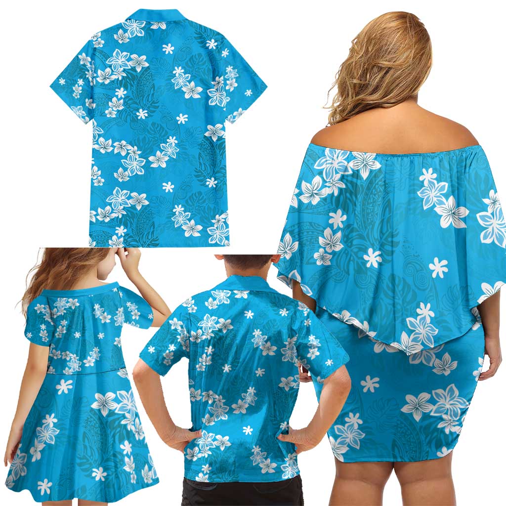 Hawaii Monstera Deliciosa Family Matching Off Shoulder Short Dress and Hawaiian Shirt Blue Plumeria Polynesian Pattern LT05 - Polynesian Pride