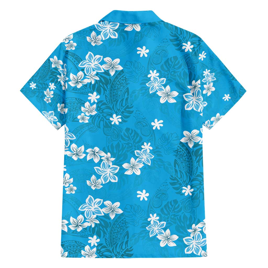Hawaii Monstera Deliciosa Family Matching Off Shoulder Short Dress and Hawaiian Shirt Blue Plumeria Polynesian Pattern LT05 - Polynesian Pride