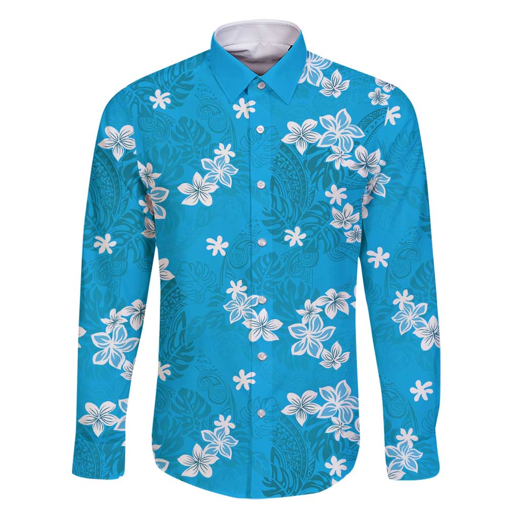 Hawaii Monstera Deliciosa Family Matching Off Shoulder Short Dress and Hawaiian Shirt Blue Plumeria Polynesian Pattern LT05 Dad's Shirt - Long Sleeve Blue - Polynesian Pride