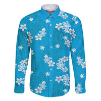 Hawaii Monstera Deliciosa Family Matching Puletasi and Hawaiian Shirt Blue Plumeria Polynesian Pattern LT05 Dad's Shirt - Long Sleeve Blue - Polynesian Pride