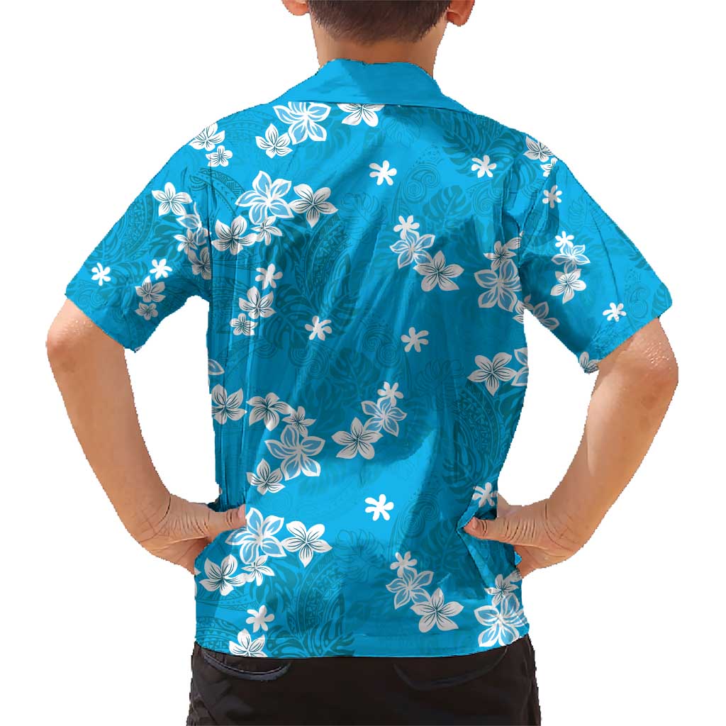 Hawaii Monstera Deliciosa Family Matching Short Sleeve Bodycon Dress and Hawaiian Shirt Blue Plumeria Polynesian Pattern LT05 - Polynesian Pride
