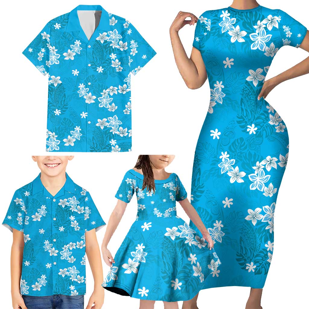 Hawaii Monstera Deliciosa Family Matching Short Sleeve Bodycon Dress and Hawaiian Shirt Blue Plumeria Polynesian Pattern - Polynesian Pride