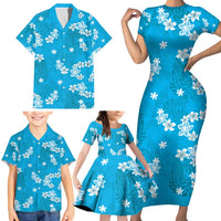 Hawaii Monstera Deliciosa Family Matching Short Sleeve Bodycon Dress and Hawaiian Shirt Blue Plumeria Polynesian Pattern LT05 - Polynesian Pride